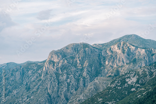 The tops of the rocky mountains in Boka Kotorska, in Montenegro, in Kotor Bay.