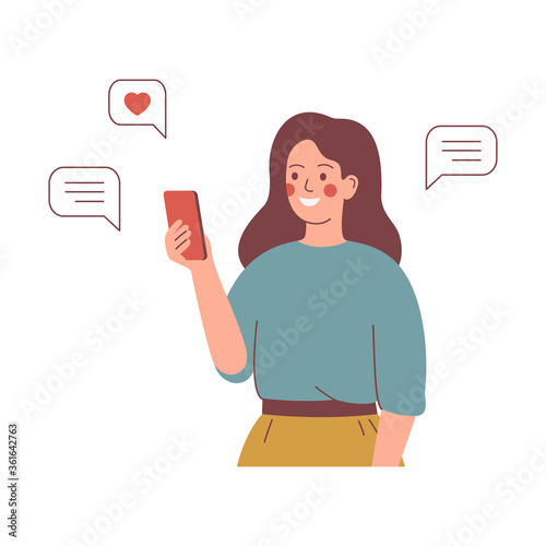 Smiling girl sends messages via smartphone. Young happy woman uses a mobile phone for texting. Mobile internet communication, social media chatting, instant messaging. Vector illustration.