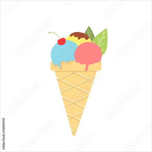 Illustration of colorful ice cream cone with cherry. Vector illustration. Isolated on white background. Ice cream balls with chocolate frosting. Cartoon and flat style. For web,design,graphic,postcard