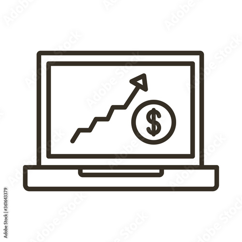 computer laptop with coin and statistics line style icon