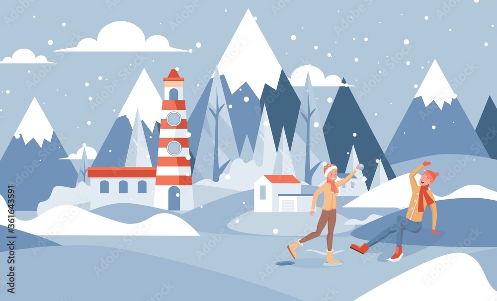 Winter landscape vector flat illustration. Happy smiling boy and girl in warm clothes playing snowballs outside the winter near the lighthouse. Outdoor activities during Christmas holidays concept.