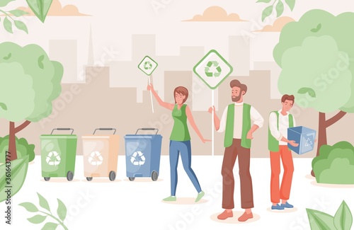 People in urban park recycling waste vector flat illustration. Man and woman hold placards with recycle sign. Separate waste, protect nature, garbage collection, sorting, and recycling concept.