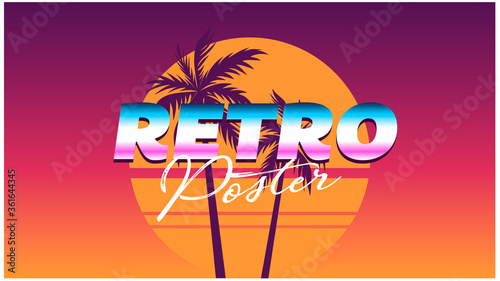 Retro Poster. Vintage Party Poster. Poster With Sun And Palms. 80s Background 1980s Style Retro 80s Fashion Summer Landscape