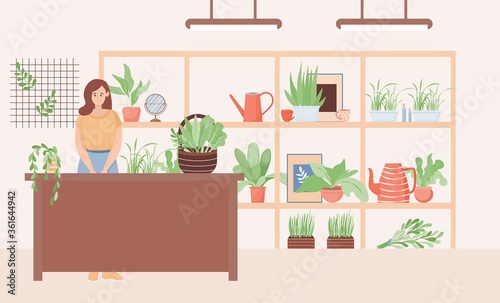 Young saleswoman standing in flower shop vector flat illustration. Flowers and plants in pots. Woman in casual clothes sales garden tools and natural decorative house plants.
