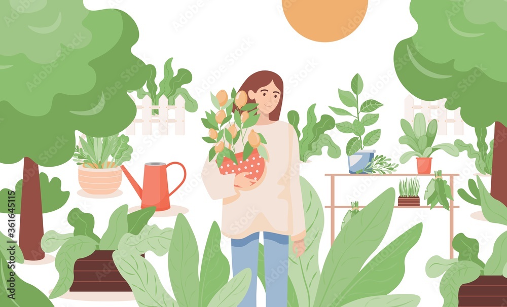 Happy smiling woman standing in the garden and holding a pot with lemon tree vector flat illustration. Farmgirl gardening. Watering can, green trees, bushes, plants growing in pots. Happy smiling woman standing in the garden and holding a pot with lemon tree vector flat illustration. Farmgirl gardening. Watering can, green trees, bushes, plants growing in pots.