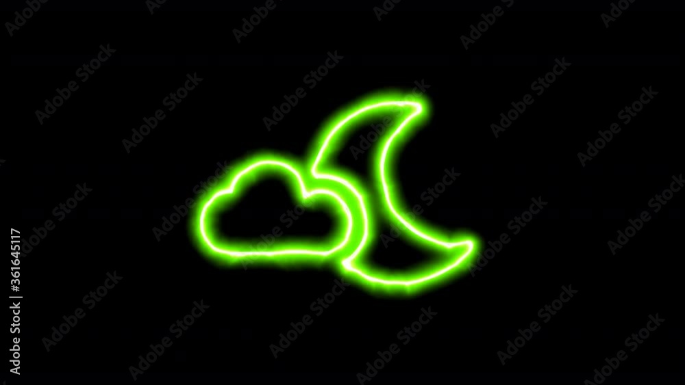 The appearance of the green neon symbol moon cloud. Flicker, In - Out. Alpha channel Premultiplied - Matted with color black The appearance of the green neon symbol moon cloud. Flicker, In - Out. Alpha channel Premultiplied - Matted with color black