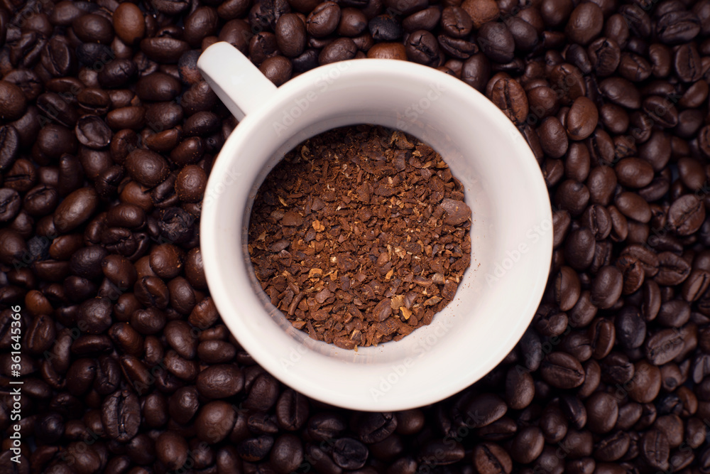 coffee cup with coffee beans table outside coffee cup with coffee beans table outside