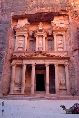 Ancient rock city of Petra - Al-Khazneh - temple, treasury, archaeological site carved in sandstone, Siq canyon, Jordan