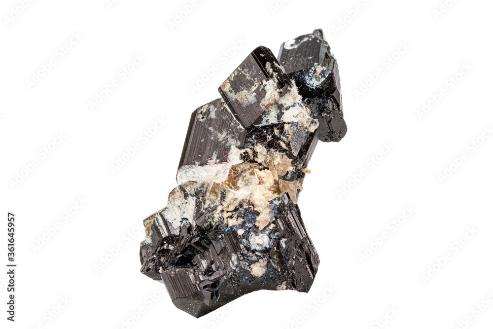 macro black mineral Tourmaline stone with aquamarine on a white background