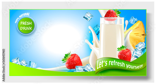 3d.Milk Drink, Yogurt, Cream. Pineapple, Strawberry.
A Splash of milk in a clear glass.Smoothies, Cocktails, Drinks.Falling Ice Cubes.Realistic Let's refresh yourself.Vector package design.