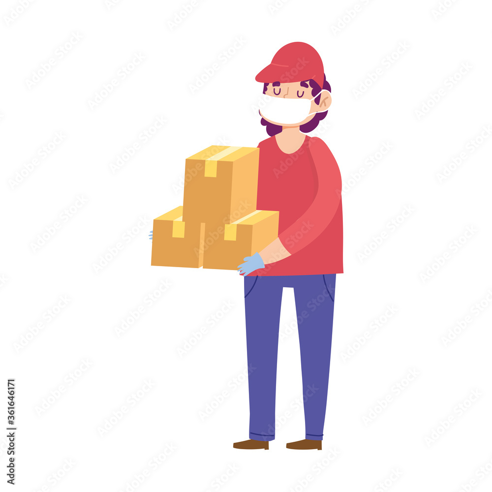 safe delivery at home during coronavirus covid 19 , courier man with medical mask and cardboard boxes safe delivery at home during coronavirus covid 19 , courier man with medical mask and cardboard boxes