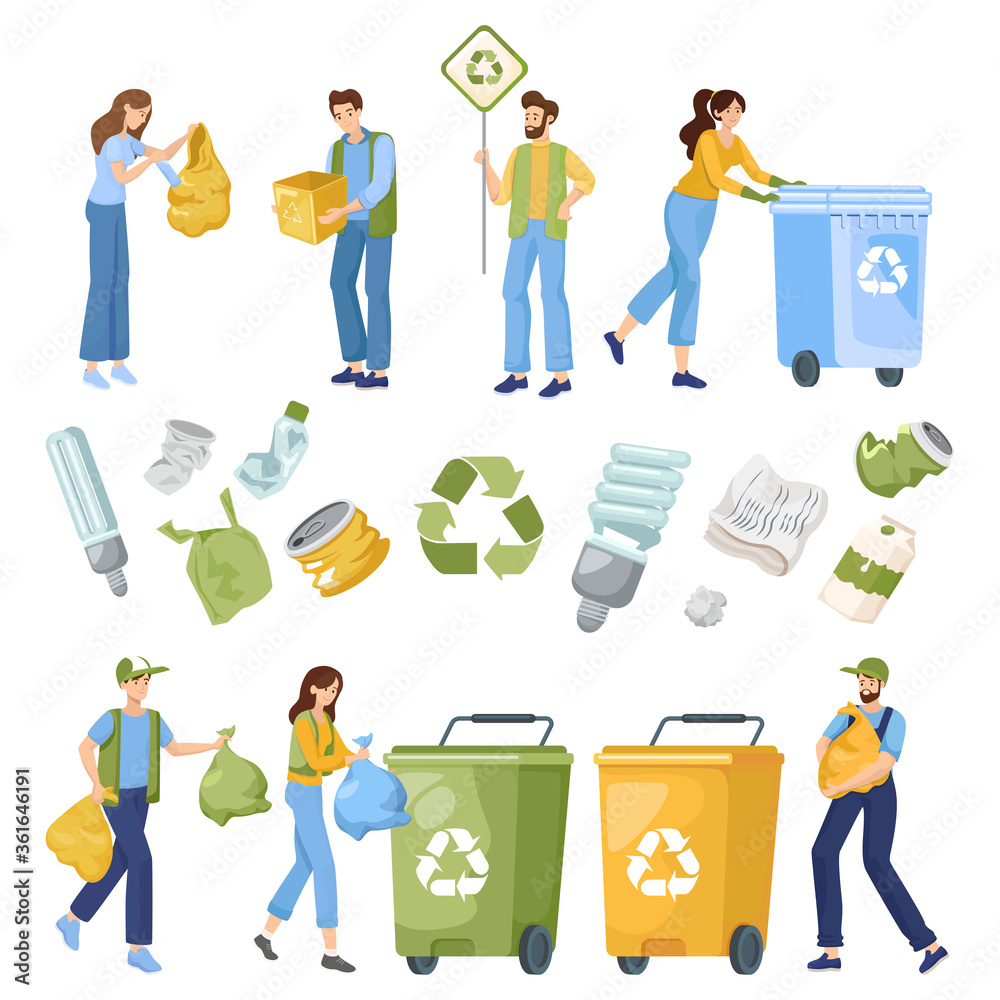 Reduce, reuse, and recycle objects. People put recycling waste in ...