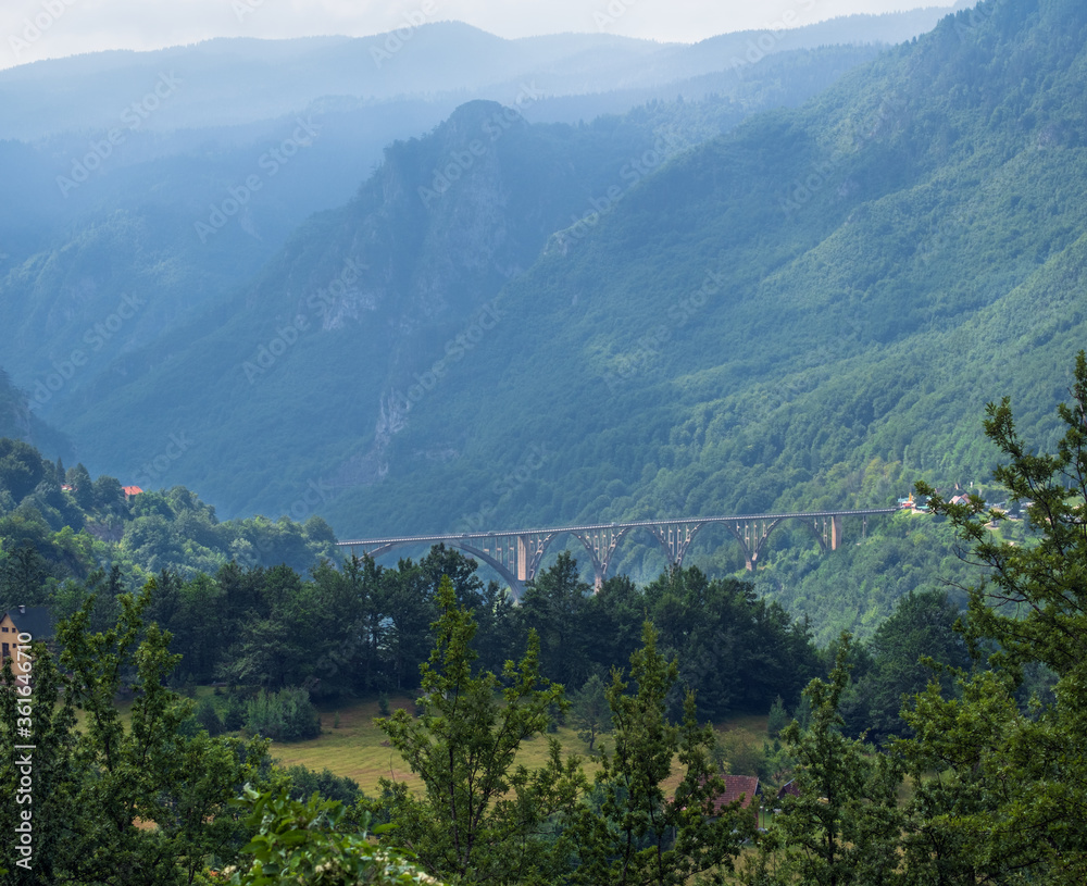 Summer misty mountain landscape with bridge (Tara Canyon, Montenegro).