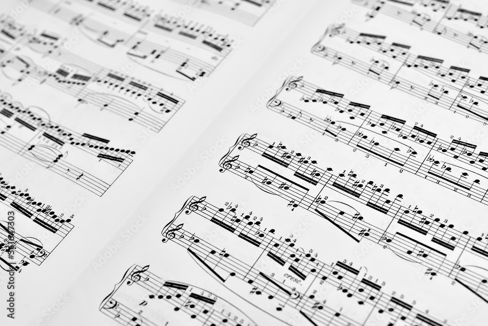 Fragment of sheet with music notes for the piano. Close-up. Selective focus. Fragment of sheet with music notes for the piano. Close-up. Selective focus.