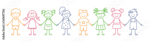 Group of funny kids holding hands. Friendship concept. Happy cute doodle children. Isolated color vector illustration in hand drawn style on white background