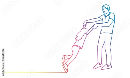Dad plays with daughter, family time. Rainbow colours in linear vector illustration.