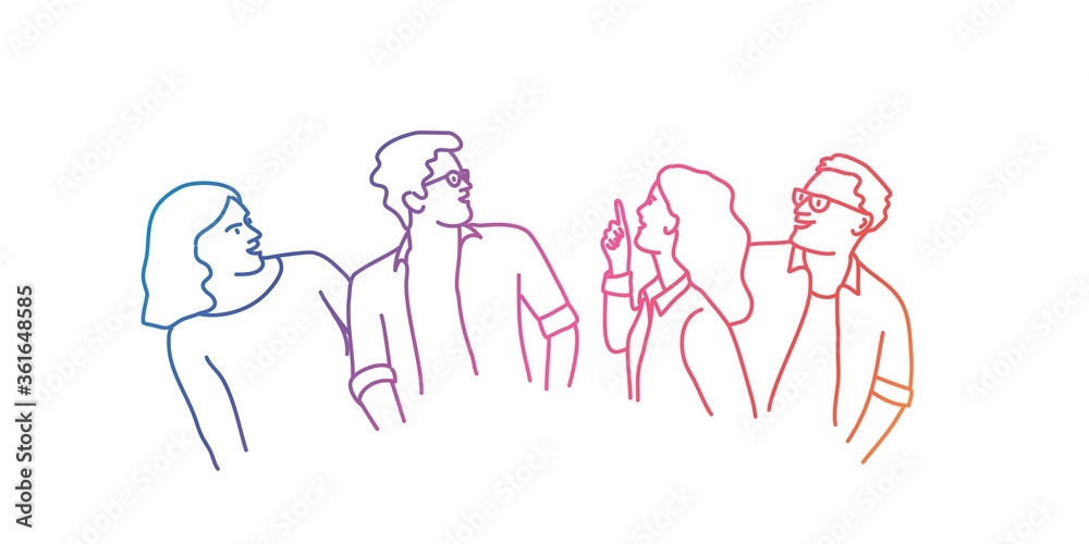 People or students looking up. Woman pointing up. Rainbow colours in linear vector illustration. People or students looking up. Woman pointing up. Rainbow colours in linear vector illustration.