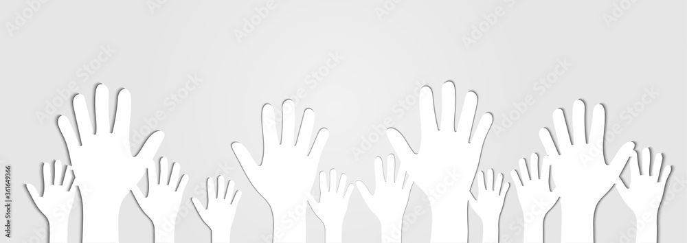Human Hands Raised Up Cutout on Light Gray Background Human Hands Raised Up Cutout on Light Gray Background