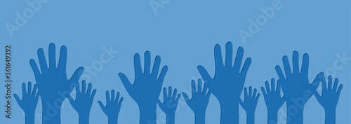 Human Hands Raised Up Cutout on Blue  Background