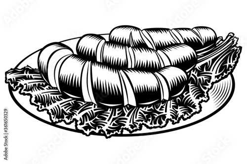 Grilled incised sausages with leaf lettuce on a plate. Traditional beer snack in restaurants and pubs on Oktoberfest. Black and white vector hand drawn illustration in retro inked engraved comic style