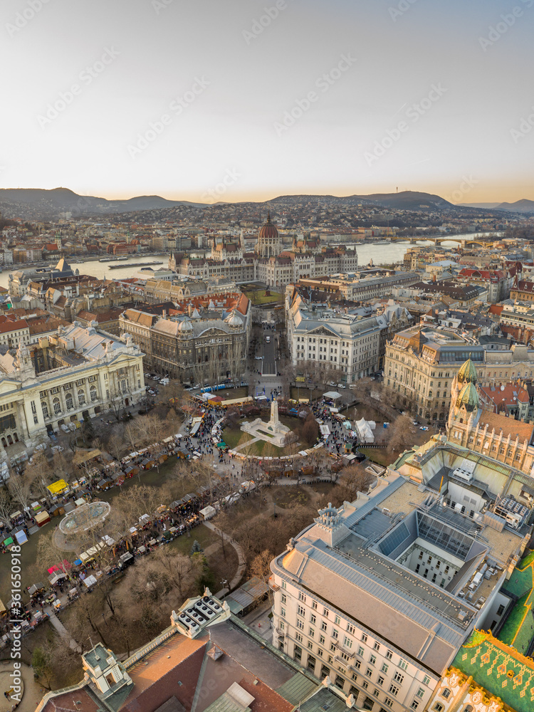 Aerial drone shot of Liberty Square Budapest downtown during sunset hour
