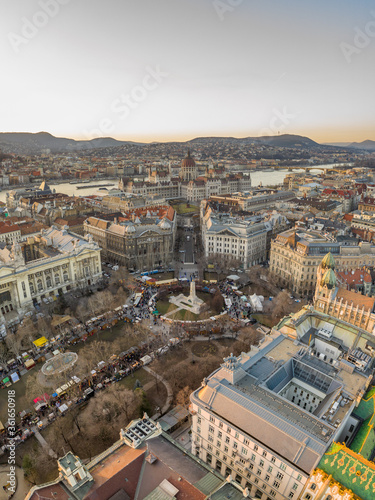 Aerial drone shot of Liberty Square Budapest downtown during sunset hour