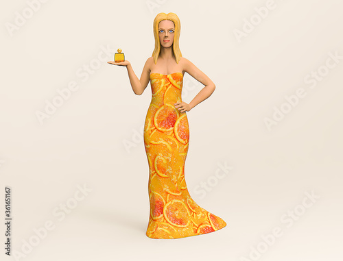 3d render girl with perfume in a beautiful orange dress with oranges