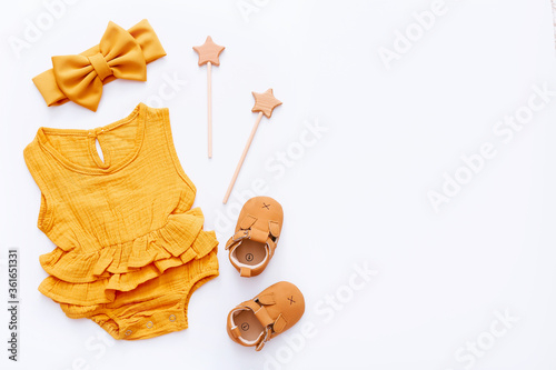 Set of baby stuff and accessories on white background. Baby shower concept. Fashion newborn. Flat lay, top view