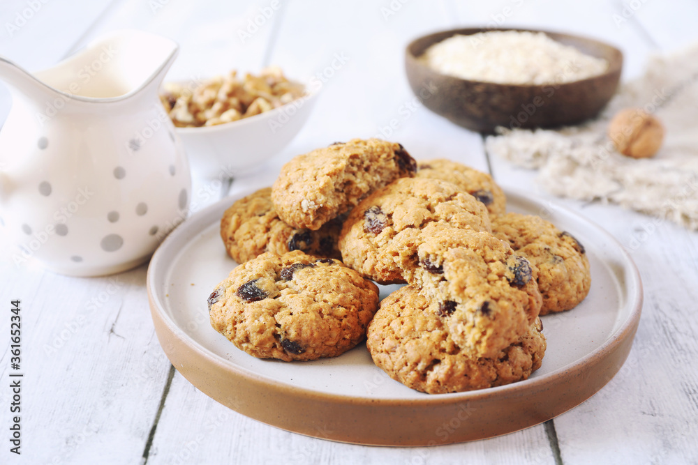 Homemade oatmeal cookies with raisins and walnuts Homemade oatmeal cookies with raisins and walnuts