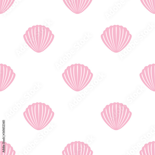 Flat pink seashells on white background. Seamless sea summer pattern. Suitable for textile, packaging.