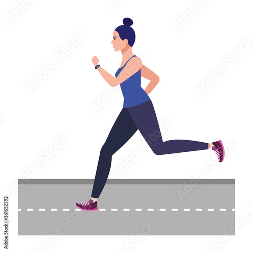 woman running on highway, woman in sportswear jogging, female athlete on white background vector illustration design