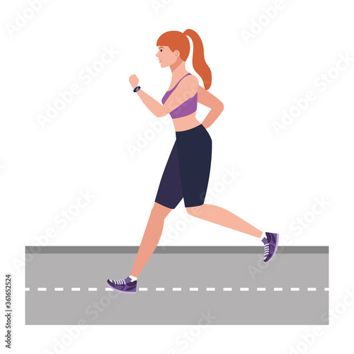 woman running on highway, woman in sportswear jogging, female athlete on white background vector illustration design