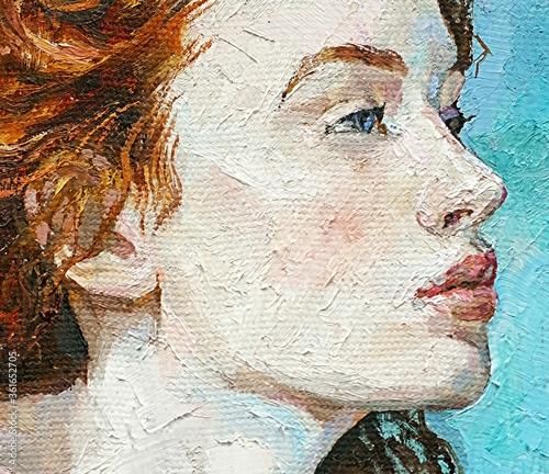 Young girl with red hair and beautiful blue eyes. Oil painting on canvas, created with brush strokes.                               photo