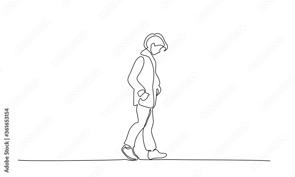 Sad Teenager walking. Continuous one line drawing Sad Teenager walking. Continuous one line drawing