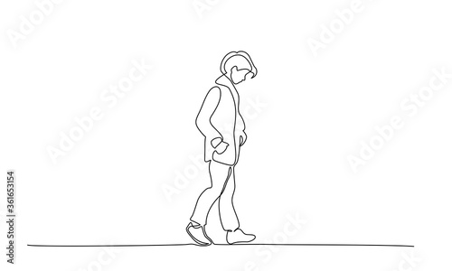 Sad Teenager walking. Continuous one line drawing
