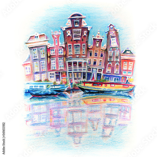 Colour pencil sketch of Amsterdam typical houses with their reflections in canal  Holland  Netherlands