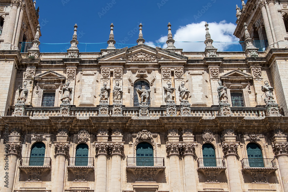 Detail of sculptures in the facade of the historic cathedral in Jaen, Spain.