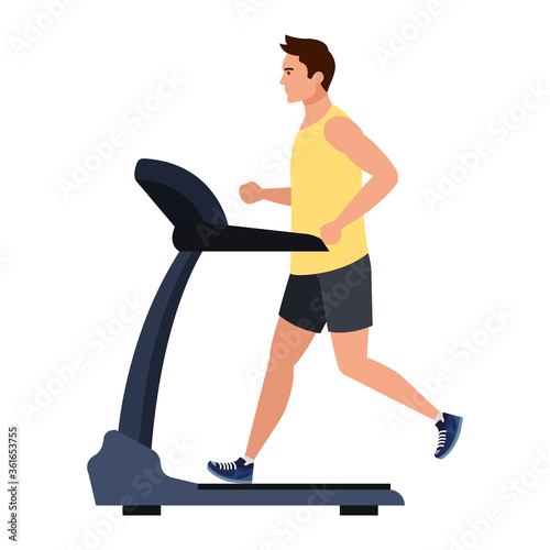 sport, man running on treadmill, sport person at the electrical training machine on white background vector illustration design