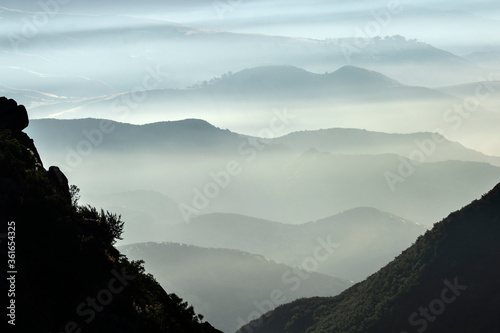 Misty canyon ridges in the hills north of Chatsworth in Los Angeles, California. 