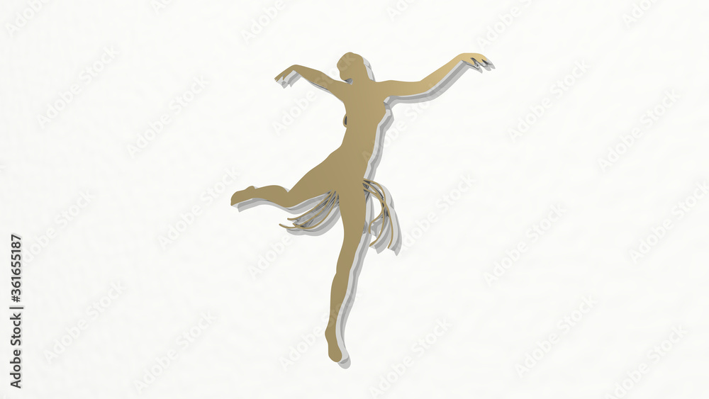 WOMAN DANCING on the wall. 3D illustration of metallic sculpture over a white background with mild texture. beautiful and young WOMAN DANCING on the wall. 3D illustration of metallic sculpture over a white background with mild texture. beautiful and young