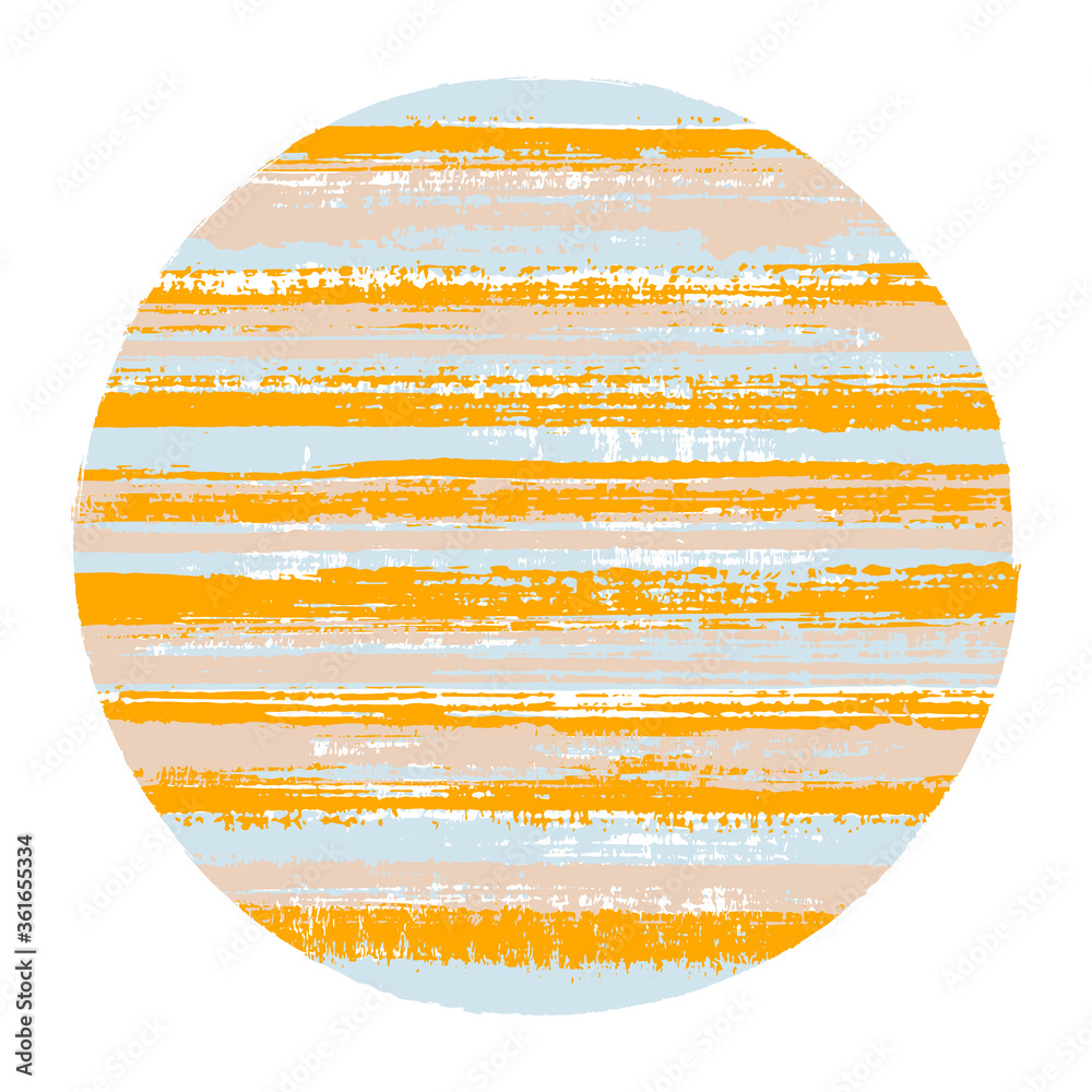Modern circle vector geometric shape with striped texture of ink horizontal lines. Old paint texture disc. Badge round shape circle logo element with grunge background of stripes.