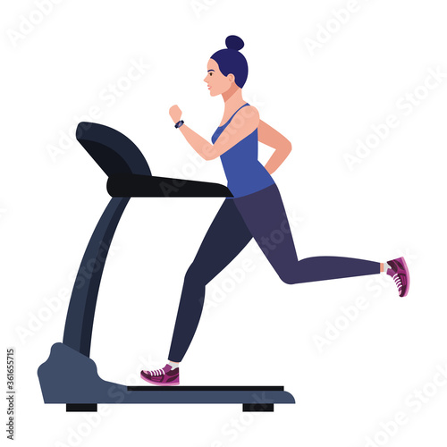 sport, woman running on treadmill, sport person at the electrical training machine on white background vector illustration design