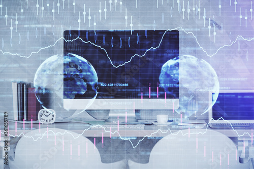 Multi exposure of stock market chart drawing and office interior background. Concept of financial analysis.