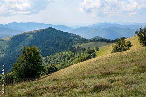 Carpathian mountains summer landscape with green sunny hills and valley under blue sky with clouds 