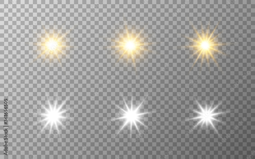 Luxury stars set. Gold and silver elements on transparent backdrop. Festive collection. Star burst effect. Magic sparkles for banner or poster. Vector illustration - obrazy, fototapety, plakaty 
