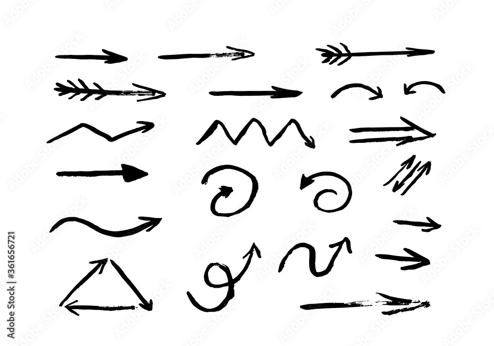 Hand drawn arrows set isolated on white background. Grunge brush stroke arrows. Easy to edit vector elements of design