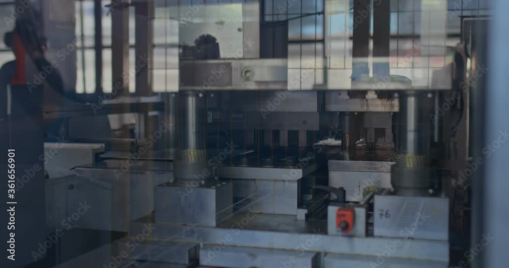 Metal processing press, close-up. Press installation at a factory for the processing of metal products.