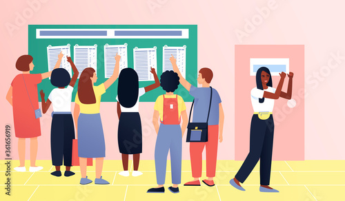 Modern applicants after the exam. People lifestyle concept. Learning concept. Examination test. Learning concept. Teenagers with different skin colors. Flat vector cartoon illustration.
