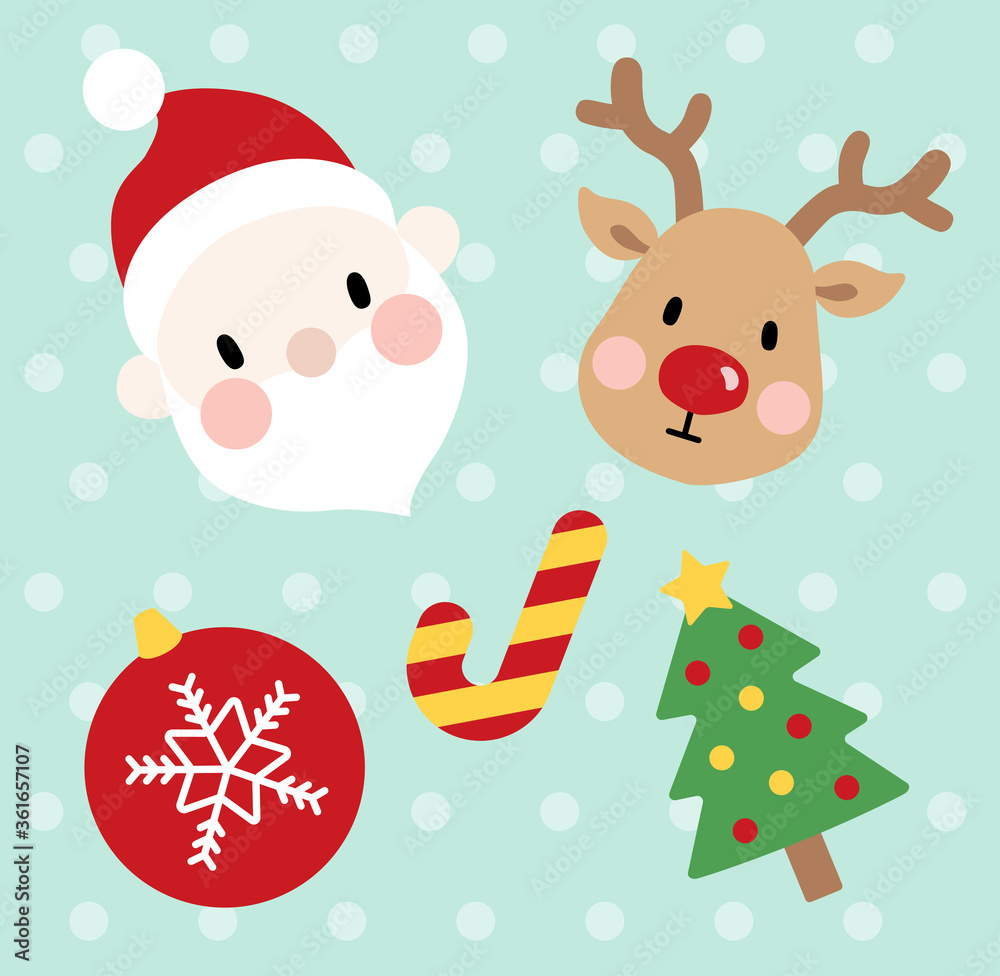Cute Christmas holiday element. Winter vector icon sets with Santa Claus, reindeer, tree, ball.