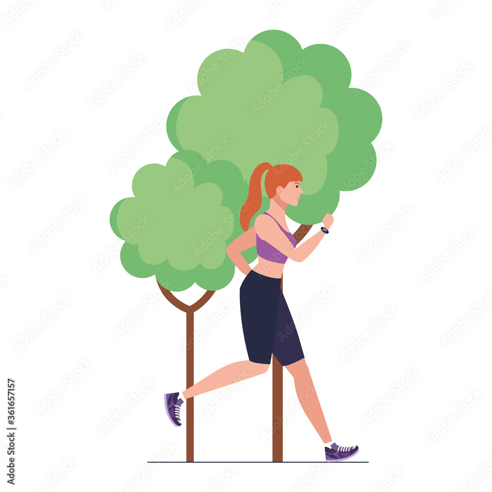 woman running in the nature, woman in sportswear jogging with tree plant on white background vector illustration design woman running in the nature, woman in sportswear jogging with tree plant on white background vector illustration design